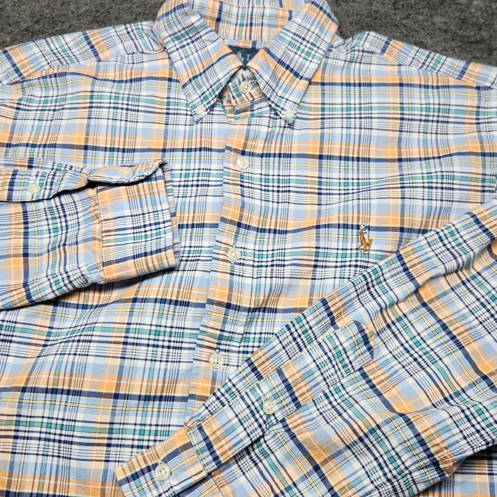 Ralph Lauren Mens Classic Fit Oxford Plaid Long Sleeve Shirt Large Flesh Pony